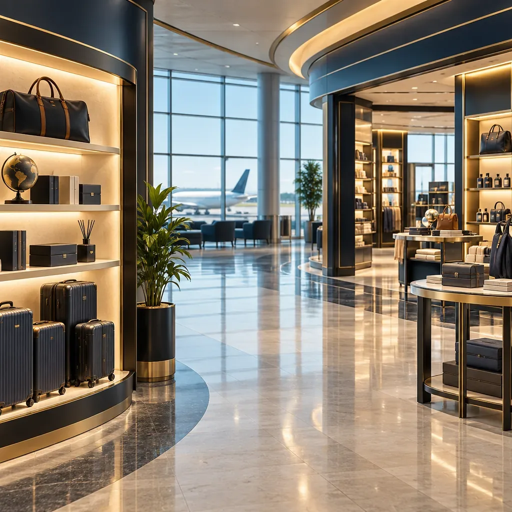 Illustration of airport shop windows and shopping bags